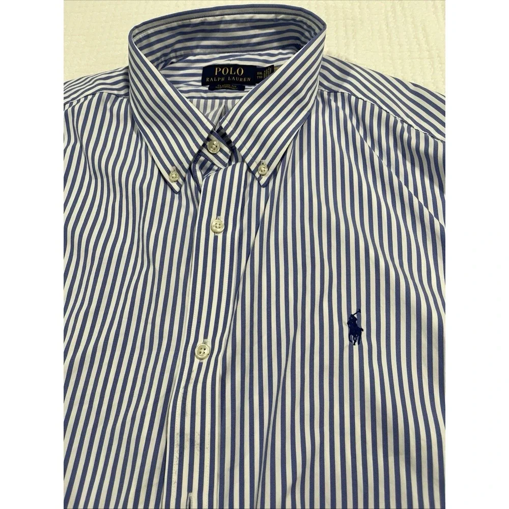 Polo Ralph Lauren Shirt Mens 2XL Blue Stripe Classic Fit Performance Long Sleeve